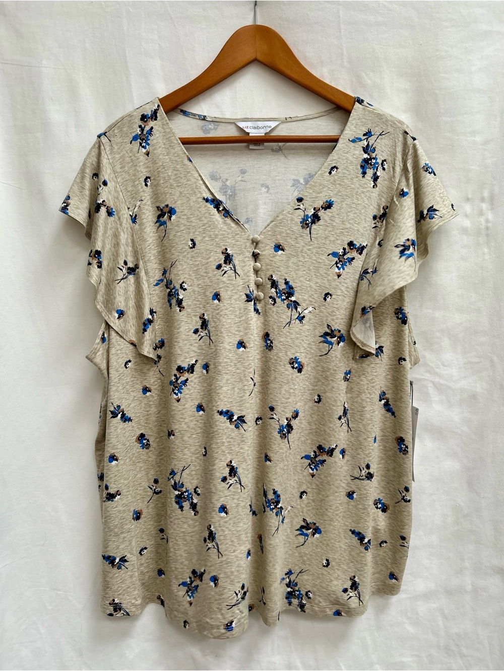 LIZ CLAIBORNE TURTLE DOVE FLORAL TOP, SIZE 2X, LIGHT TAN/TAUPE NWT